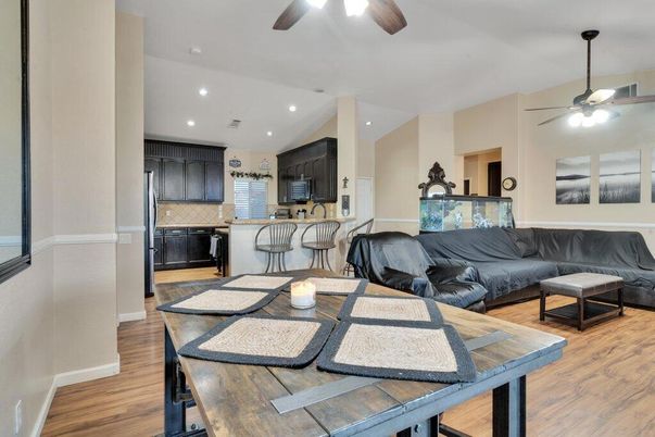 Dining room, Interior, Kitchen, Living room, Recessed Lighting, Wood Texture Flooring