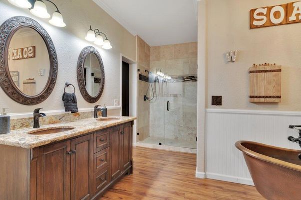 Bathroom, Dual Sink Vanities, Glass Shower, Interior, Wood Texture Flooring
