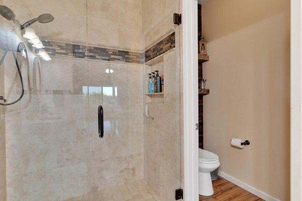 Bathroom, Glass Shower, Interior, Wood Texture Flooring