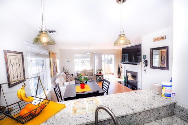 Fireplace, Interior, Living room, Pendant Lights, Wood Texture Flooring