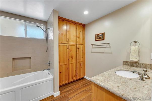 Bathroom, Interior, Recessed Lighting, Wood Texture Flooring