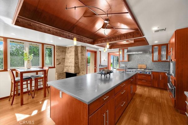 Dining room, Fireplace, Interior, Kitchen, Pendant Lights, Recessed Lighting, Stainless Steel Appliances, Stone Walls, Wooden Beams, Wooden Ceilings, Wood Texture Flooring