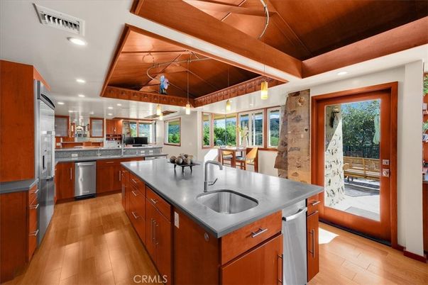 Interior, Kitchen, Pendant Lights, Recessed Lighting, Stainless Steel Appliances, Wooden Beams, Wooden Ceilings, Wood Texture Flooring
