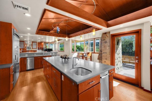 Interior, Kitchen, Pendant Lights, Recessed Lighting, Stainless Steel Appliances, Wooden Ceilings, Wood Texture Flooring