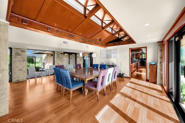 Dining room, Interior, Recessed Lighting, Stone Walls, Wooden Beams, Wooden Ceilings, Wood Texture Flooring