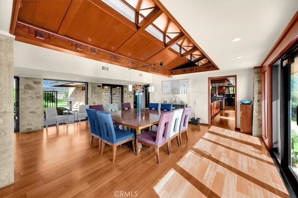 Dining room, Interior, Recessed Lighting, Stone Walls, Wooden Beams, Wooden Ceilings, Wood Texture Flooring