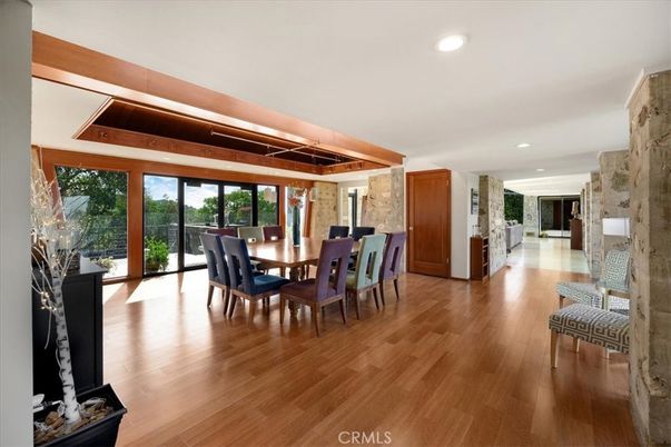 Dining room, Interior, Recessed Lighting, Stone Walls, Wooden Beams, Wood Texture Flooring