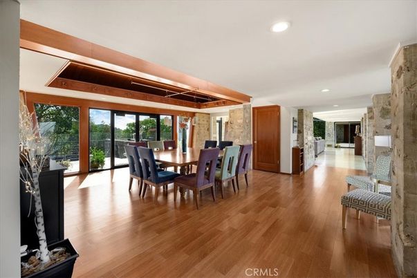 Dining room, Interior, Recessed Lighting, Stone Walls, Wooden Beams, Wood Texture Flooring