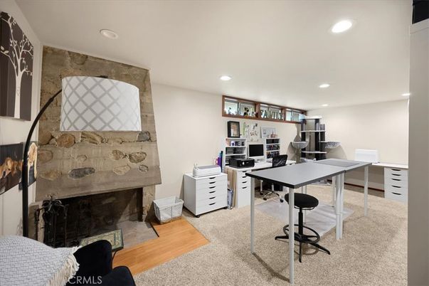 Fireplace, Home Office, Interior, Recessed Lighting, Wood Texture Flooring