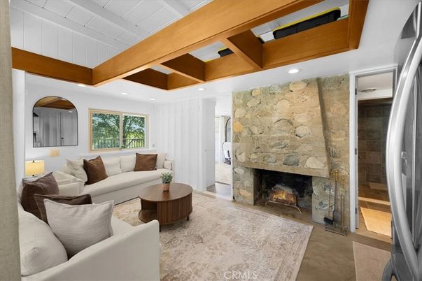 Fireplace, Interior, Living room, Recessed Lighting, Stone Walls, Wooden Beams
