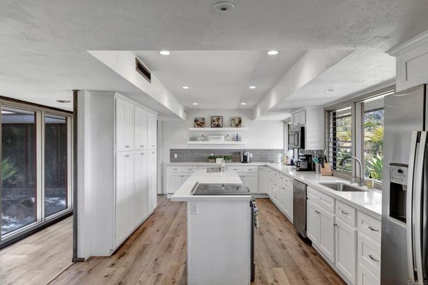 Interior, Kitchen, Recessed Lighting, Stainless Steel Appliances, Wood Texture Flooring