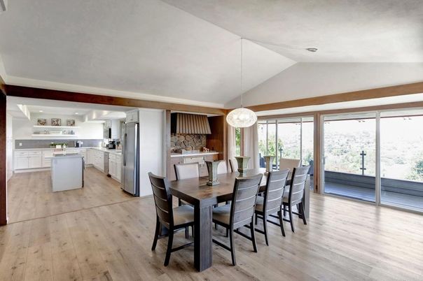 Dining room, Interior, Kitchen, Pendant Lights, Recessed Lighting, Wood Texture Flooring