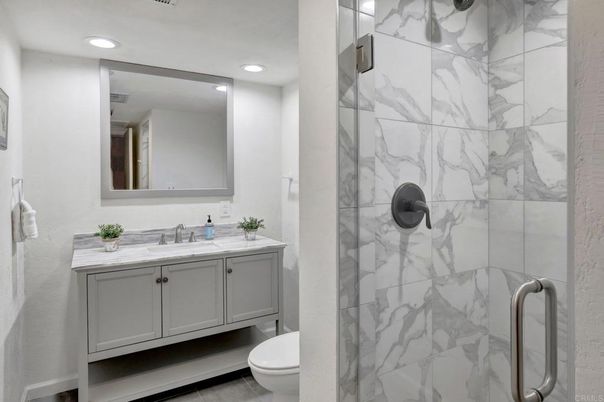Bathroom, Glass Shower, Interior, Marble Walls, Recessed Lighting