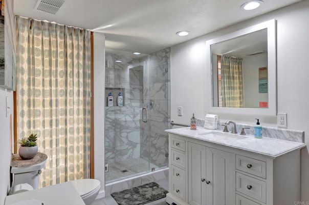 Bathroom, Glass Shower, Interior, Marble Walls, Recessed Lighting
