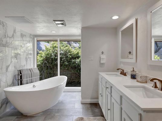 Bathroom, Dual Sink Vanities, Free Standing Baths, Interior, Marble Walls, Recessed Lighting