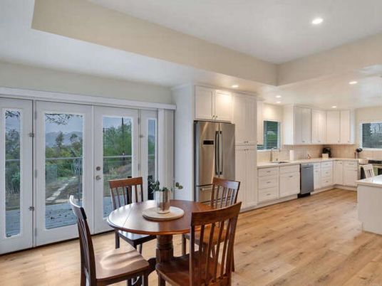 Dining room, Interior, Kitchen, Recessed Lighting, Stainless Steel Appliances, Wood Texture Flooring