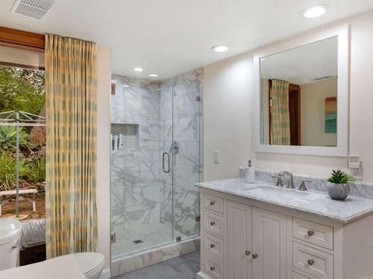 Bathroom, Glass Shower, Interior, Marble, Marble Walls, Recessed Lighting