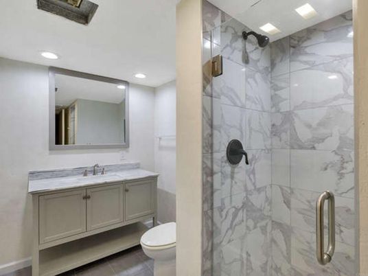 Bathroom, Glass Shower, Interior, Marble Walls, Recessed Lighting