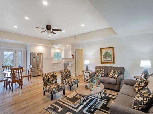 Dining room, Interior, Kitchen, Living room, Recessed Lighting, Stainless Steel Appliances, Wood Texture Flooring