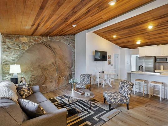 Interior, Kitchen, Living room, Recessed Lighting, Stainless Steel Appliances, Stone Walls, Wooden Ceilings, Wood Texture Flooring