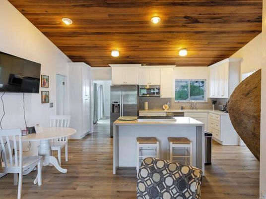 Dining room, Interior, Kitchen, Recessed Lighting, Stainless Steel Appliances, Wooden Ceilings, Wood Texture Flooring