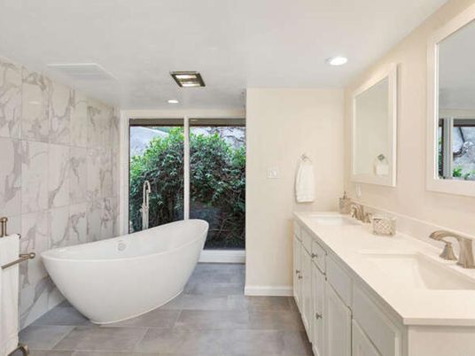 Bathroom, Dual Sink Vanities, Free Standing Baths, Interior, Marble Walls, Recessed Lighting