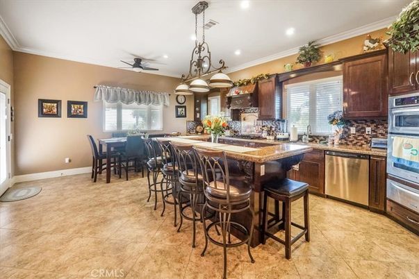 Chandelier, Dining room, Interior, Kitchen, Recessed Lighting, Stainless Steel Appliances