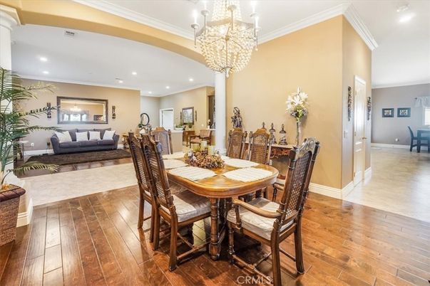 Chandelier, Dining room, Interior, Living room, Recessed Lighting, Wood Texture Flooring