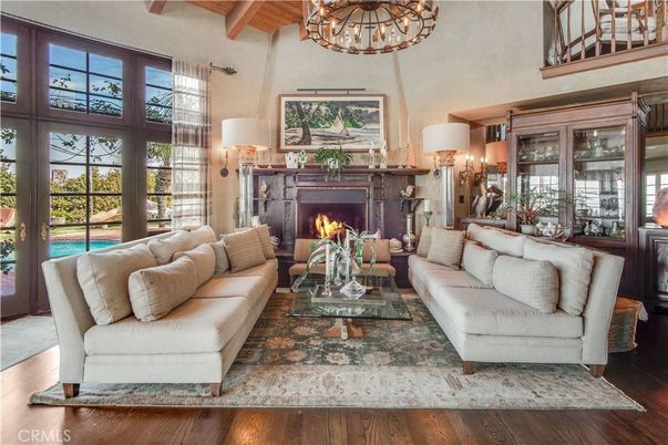 Chandelier, Fireplace, Interior, Living room, Wooden Beams, Wood Texture Flooring