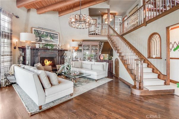 Chandelier, Fireplace, Interior, Living room, Recessed Lighting, Wooden Beams, Wooden Ceilings, Wood Texture Flooring