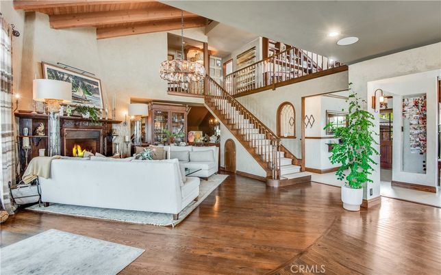 Chandelier, Fireplace, Interior, Living room, Recessed Lighting, Wooden Beams, Wood Texture Flooring