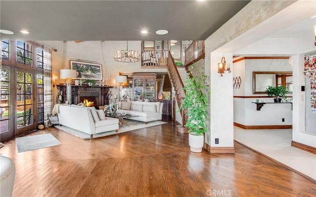 Chandelier, Fireplace, Interior, Living room, Recessed Lighting, Wood Texture Flooring