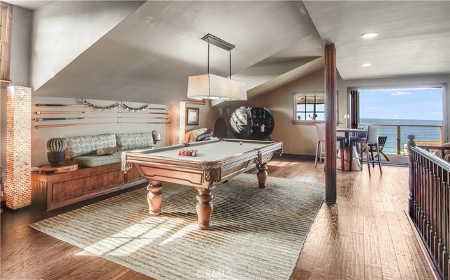 Billiard Table, Game Room, Interior, Pendant Lights, Recessed Lighting, Water, Wood Texture Flooring