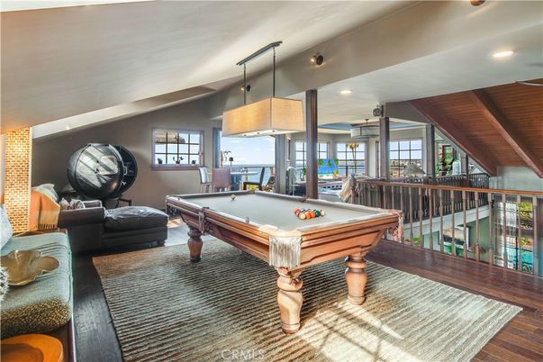Billiard Table, Game Room, Interior, Pendant Lights, Recessed Lighting, Wooden Beams, Wooden Ceilings, Wood Texture Flooring