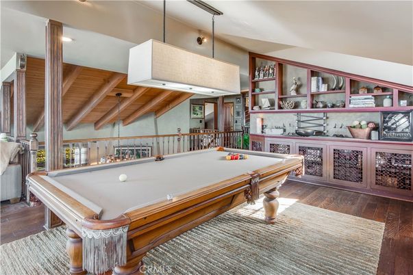 Billiard Table, Game Room, Interior, Pendant Lights, Recessed Lighting, Wooden Beams, Wooden Ceilings, Wood Texture Flooring