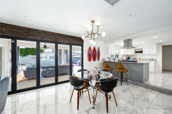Dining room, Interior, Kitchen, Marble, Pendant Lights, Recessed Lighting, Stainless Steel Appliances