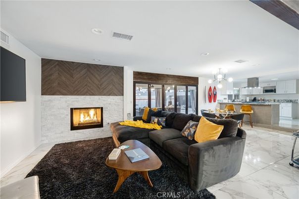 Dining room, Fireplace, Interior, Kitchen, Living room, Marble, Pendant Lights, Recessed Lighting, Stone Walls
