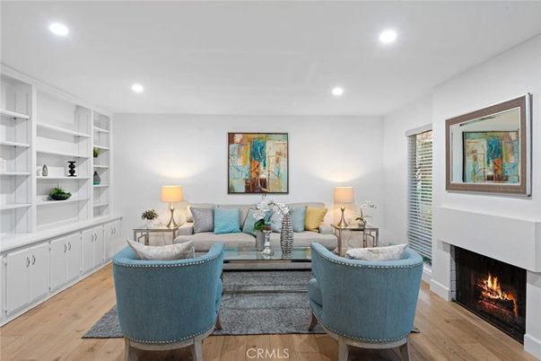 Fireplace, Interior, Living room, Recessed Lighting, Wood Texture Flooring