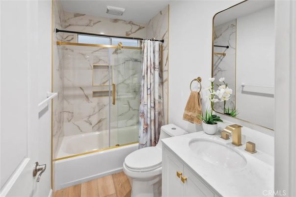 Bathroom, Glass Shower, Interior, Marble Walls, Wood Texture Flooring