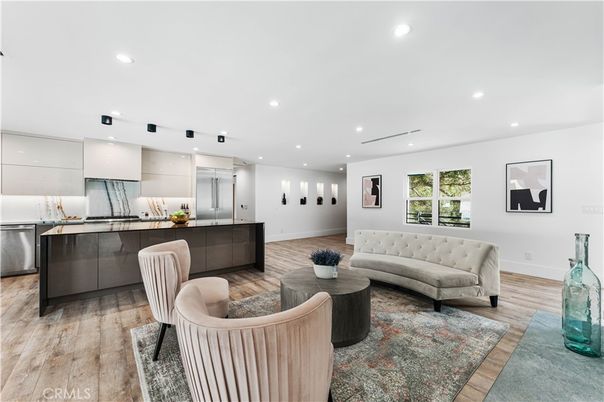 Interior, Kitchen, Living room, Recessed Lighting, Stainless Steel Appliances, Wood Texture Flooring