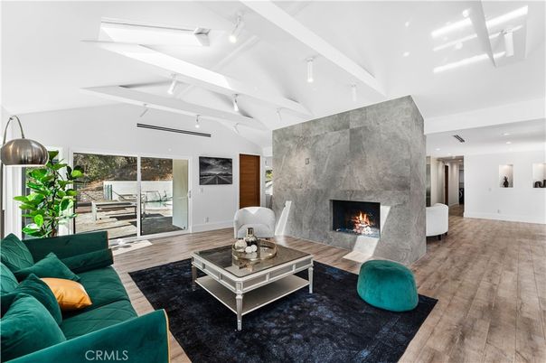 Fireplace, Interior, Living room, Recessed Lighting, Wood Texture Flooring