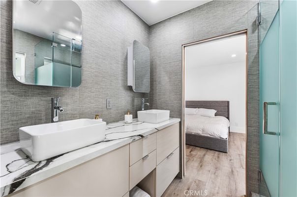 Bathroom, Bedroom, Dual Sink Vanities, Interior, Recessed Lighting, Wood Texture Flooring