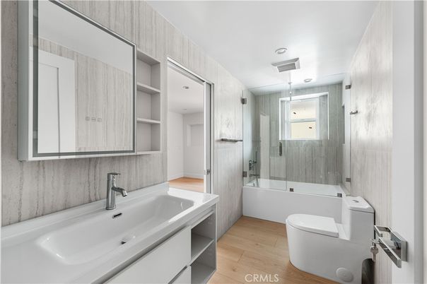 Bathroom, Glass Shower, Interior, Wood Texture Flooring