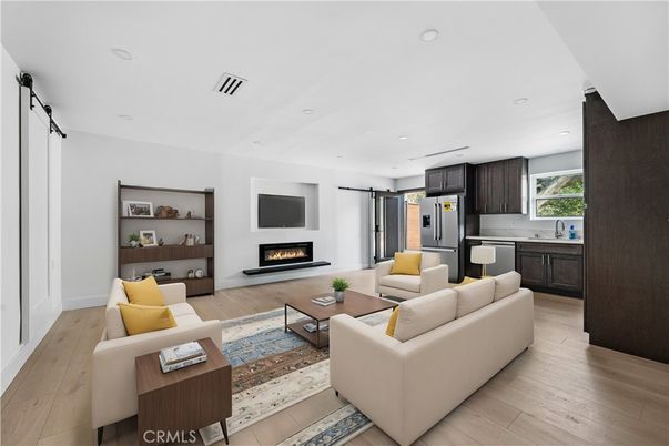 Fireplace, Interior, Kitchen, Living room, Recessed Lighting, Wood Texture Flooring