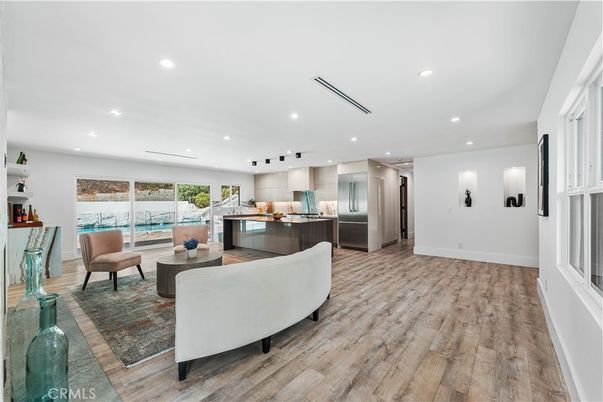 Interior, Kitchen, Living room, Recessed Lighting, Stainless Steel Appliances, Wood Texture Flooring