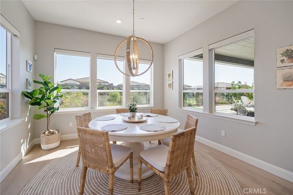Dining room, Interior, Pendant Lights, Recessed Lighting, Wood Texture Flooring