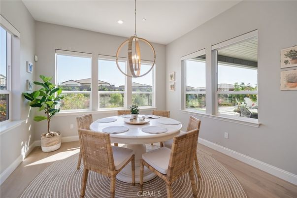 Dining room, Interior, Pendant Lights, Recessed Lighting, Wood Texture Flooring