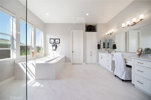 Bathroom, Dual Sink Vanities, Interior, Marble, Recessed Lighting