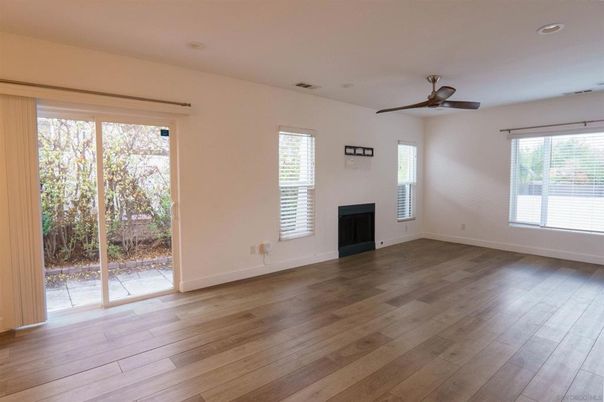 Empty room, Fireplace, Interior, Recessed Lighting, Wood Texture Flooring