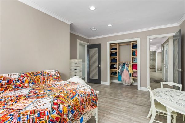 Bedroom, Interior, Recessed Lighting, Wood Texture Flooring